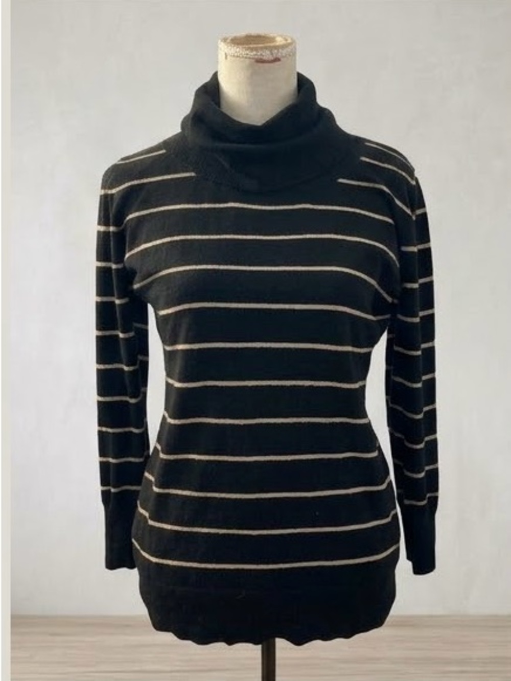 Kensie Black & Tan Striped Soft Fuzzy Knit Turtleneck Sweater
